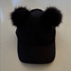 Mickey Black Cap with Furry Pom Poms *NWOT
